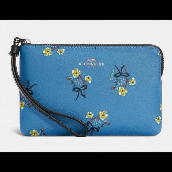 Coach Blue Corner Zip Wristlet With Floral Bow Print Brand New With Tag - Picture 4 of 10